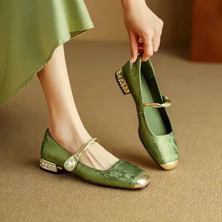 Women's Braided Pearl Strap Metallic Toe Mary Jane Shoes