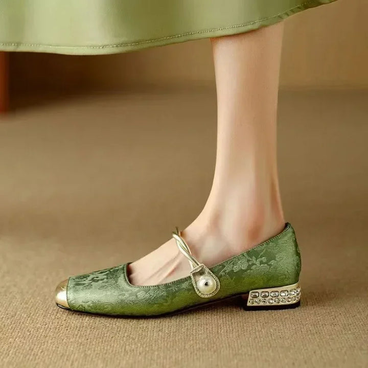 Women's Braided Pearl Strap Metallic Toe Mary Jane Shoes