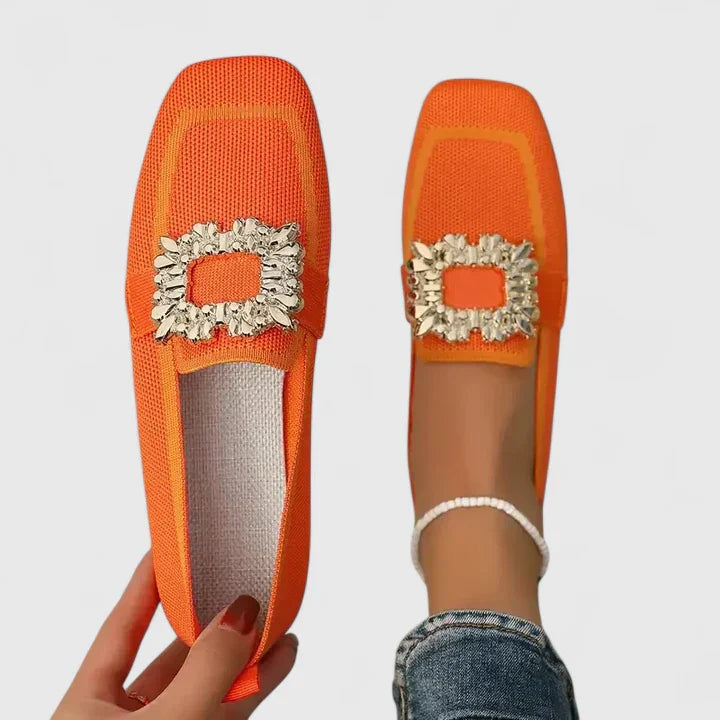 Women's Orthopedic Knit Loafers Square Toe Crystal Buckle