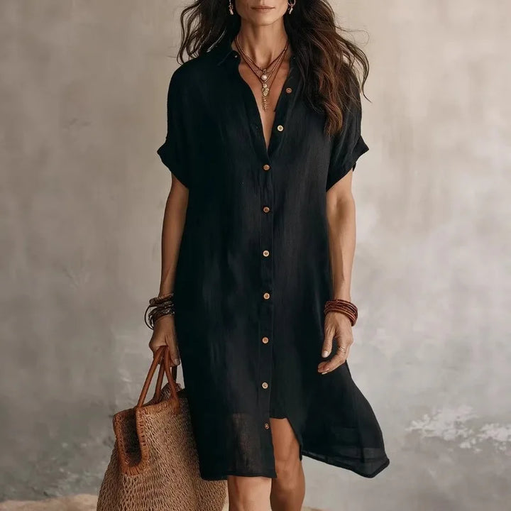 Women's Button-Down Short Sleeve Collared Midi Shirt Dress