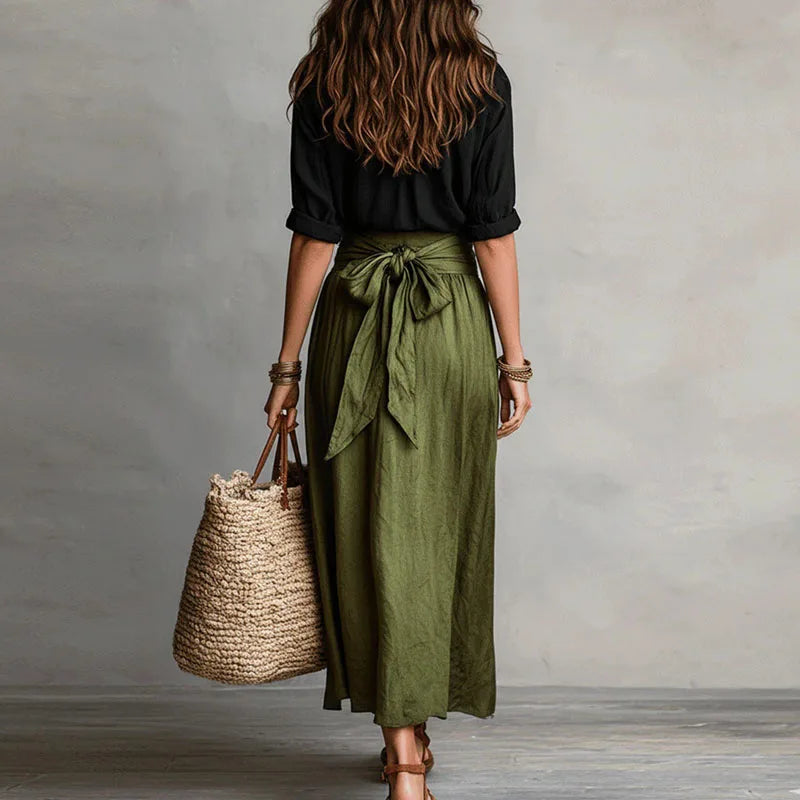 Women's Linen Co-Ord Set Button Blouse Tie Waist Skirt