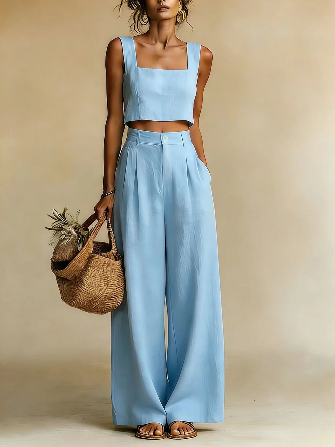 Women's Summer Square Neck Crop Top Palazzo Trousers Set