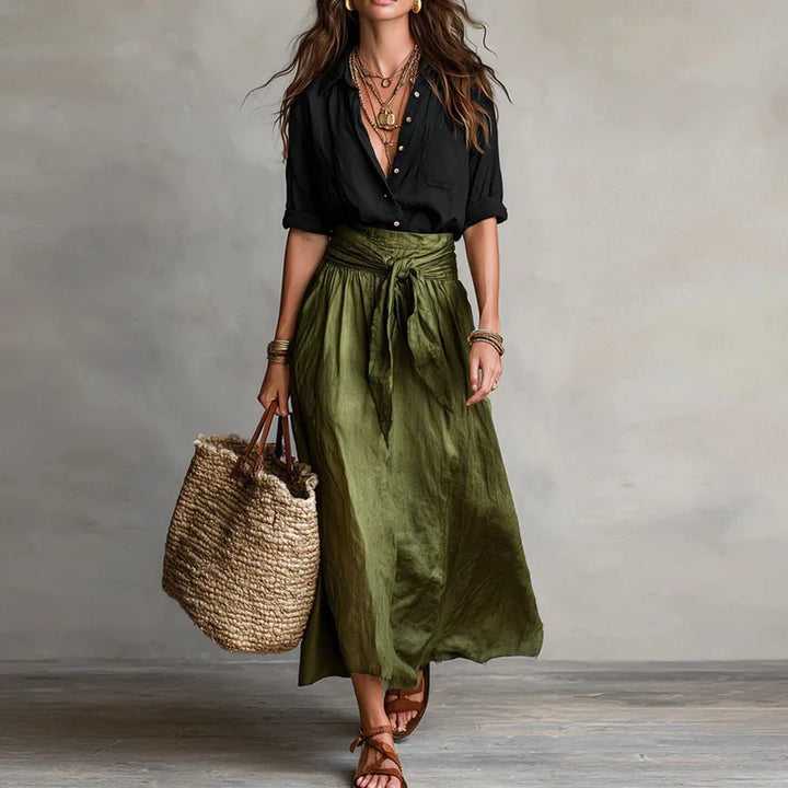 Women's Linen Co-Ord Set Button Blouse Tie Waist Skirt