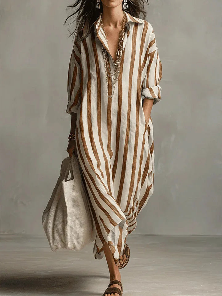 Women's Striped Linen Blend Collared V-Neck Maxi Shirt Dress
