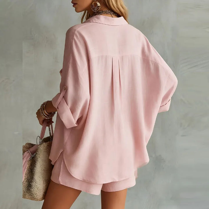 Women's Two-Piece Linen Summer Oversized Shirt and Shorts Set
