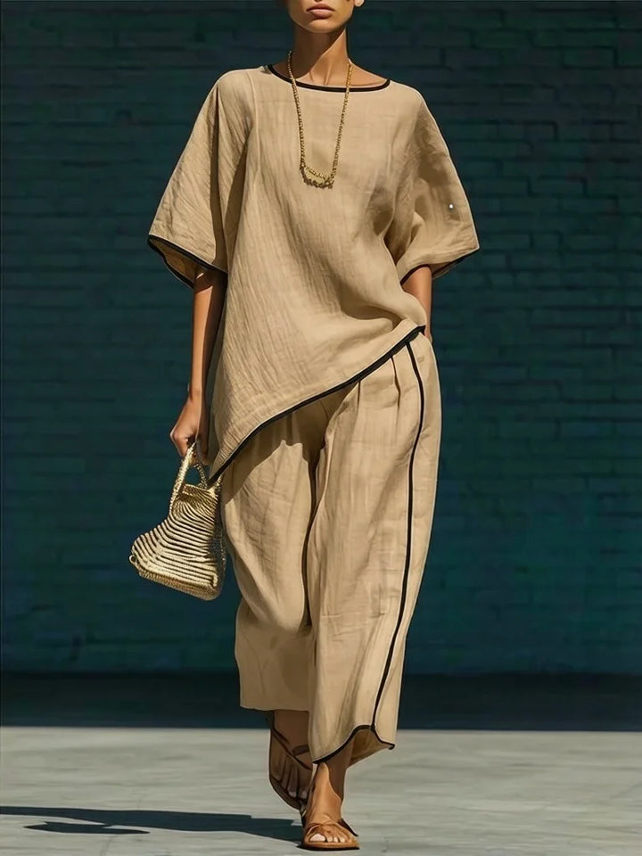 Women's Linen Two Piece Set Short Sleeve Top Wide Leg Trousers