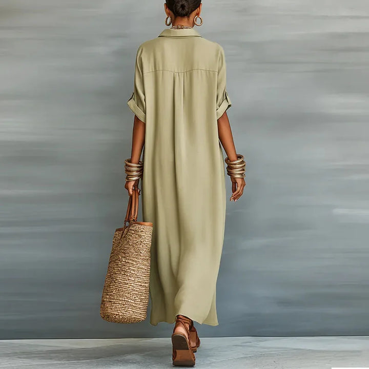 Women's Linen Blend Button-Down Collared Maxi Shirt Dress
