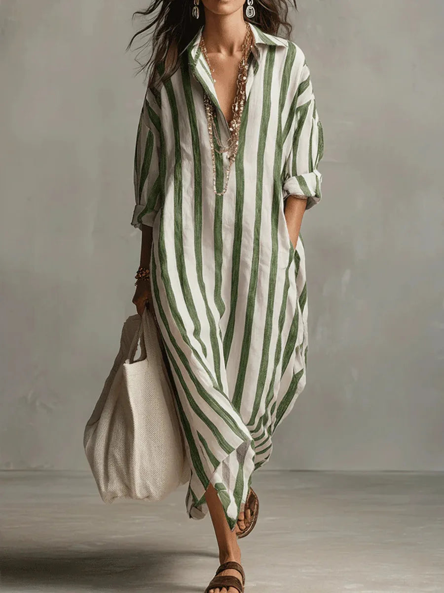 Women's Striped Linen Shirt Dress Loose Fit Long Sleeve