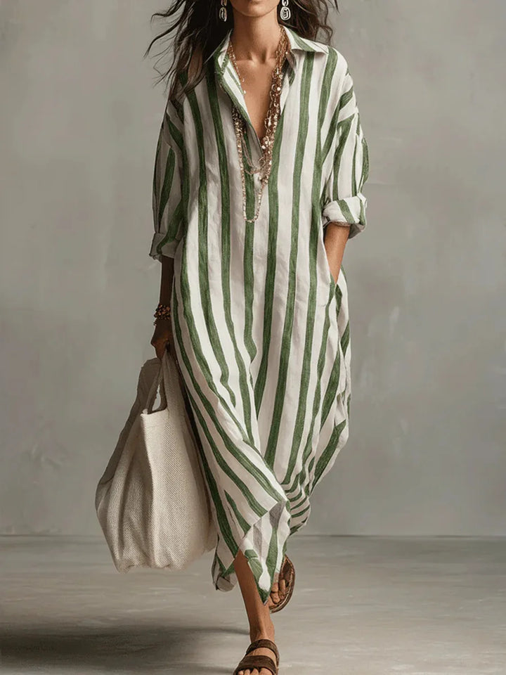 Women's Striped Linen Blend Collared V-Neck Maxi Shirt Dress