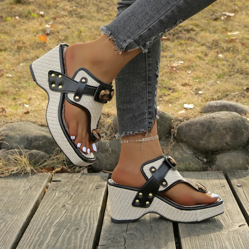 Women's Thong Toe Woven Wedge Platform Sandals Buckle Detail