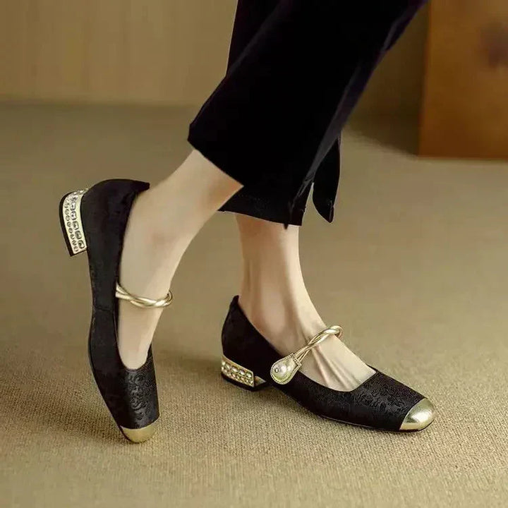 Women's Braided Pearl Strap Metallic Toe Mary Jane Shoes