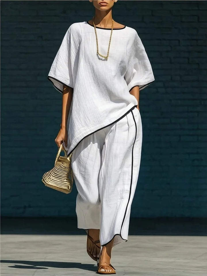 Women's Linen Two Piece Set Short Sleeve Top Wide Leg Trousers