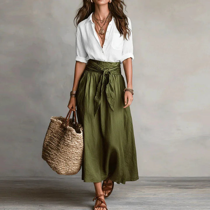Women's Linen Co-Ord Set Button Blouse Tie Waist Skirt