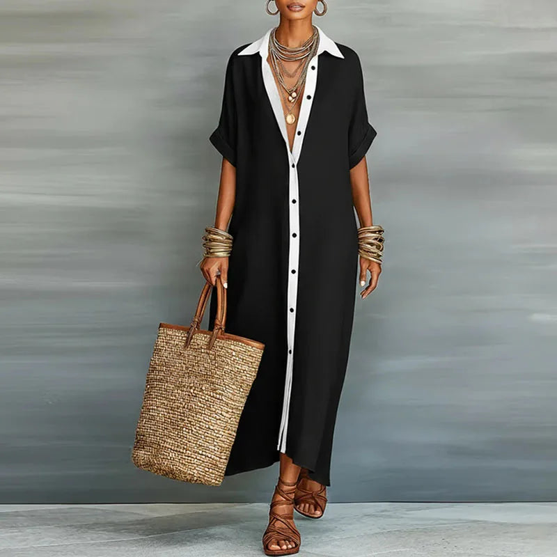 Women's Linen Blend Button-Down Collared Maxi Shirt Dress