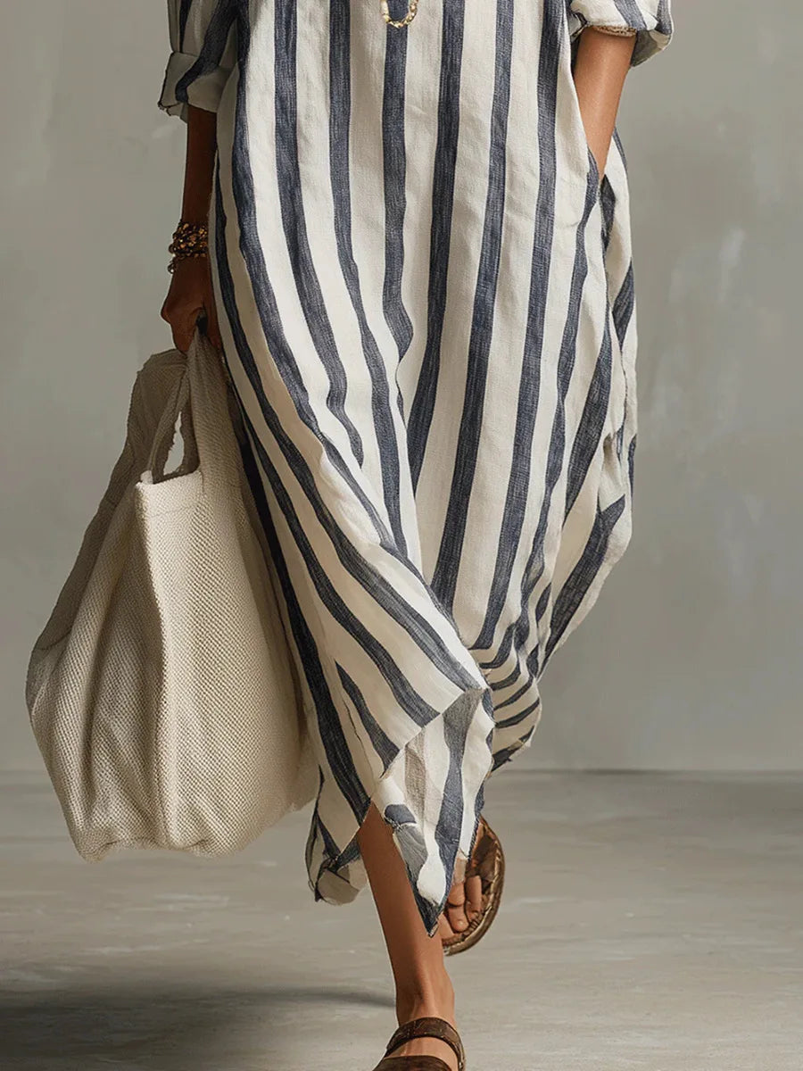 Women's Striped Linen Blend Collared V-Neck Maxi Shirt Dress