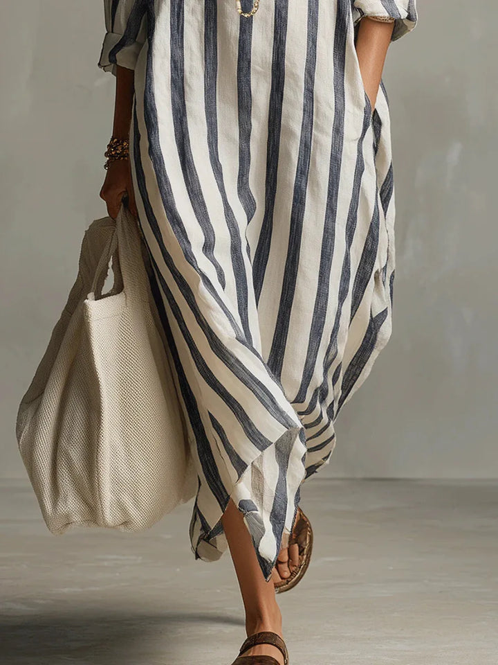 Women's Striped Linen Blend Collared V-Neck Maxi Shirt Dress