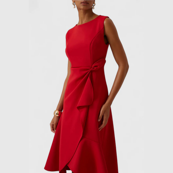 Women's Sleeveless Draped Waist Asymmetric Ruffle Hem Midi Dress