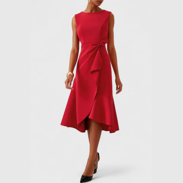 Women's Sleeveless Draped Waist Asymmetric Ruffle Hem Midi Dress