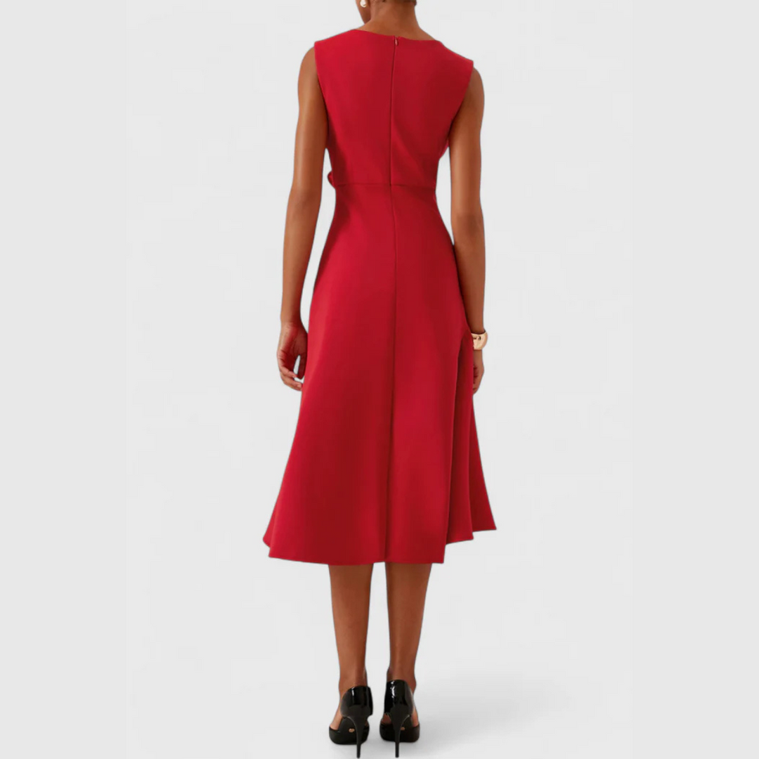Women's Sleeveless Draped Waist Asymmetric Ruffle Hem Midi Dress