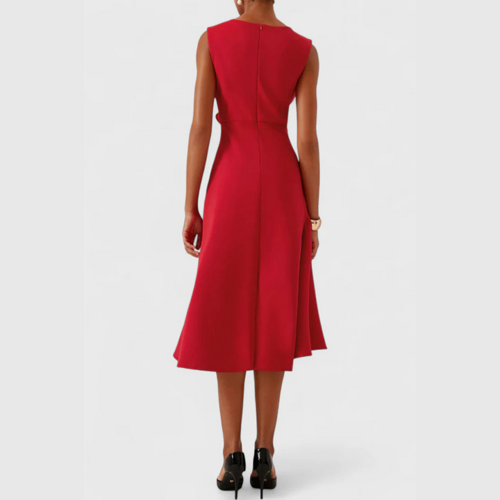 Women's Sleeveless Draped Waist Asymmetric Ruffle Hem Midi Dress
