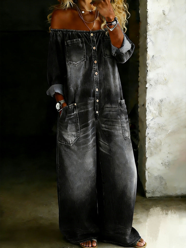 Women's Off Shoulder Button Front Wide Leg Denim Jumpsuit