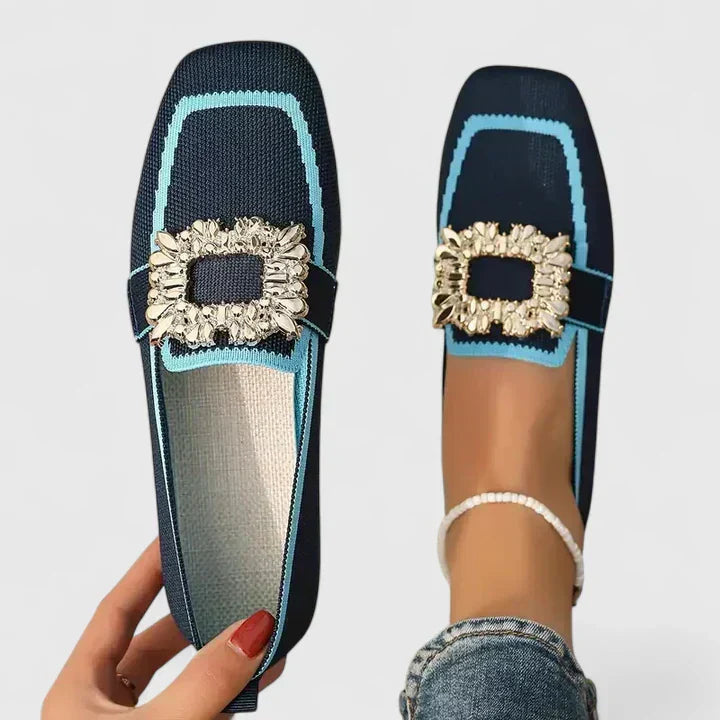 Women's Orthopedic Knit Loafers Square Toe Crystal Buckle