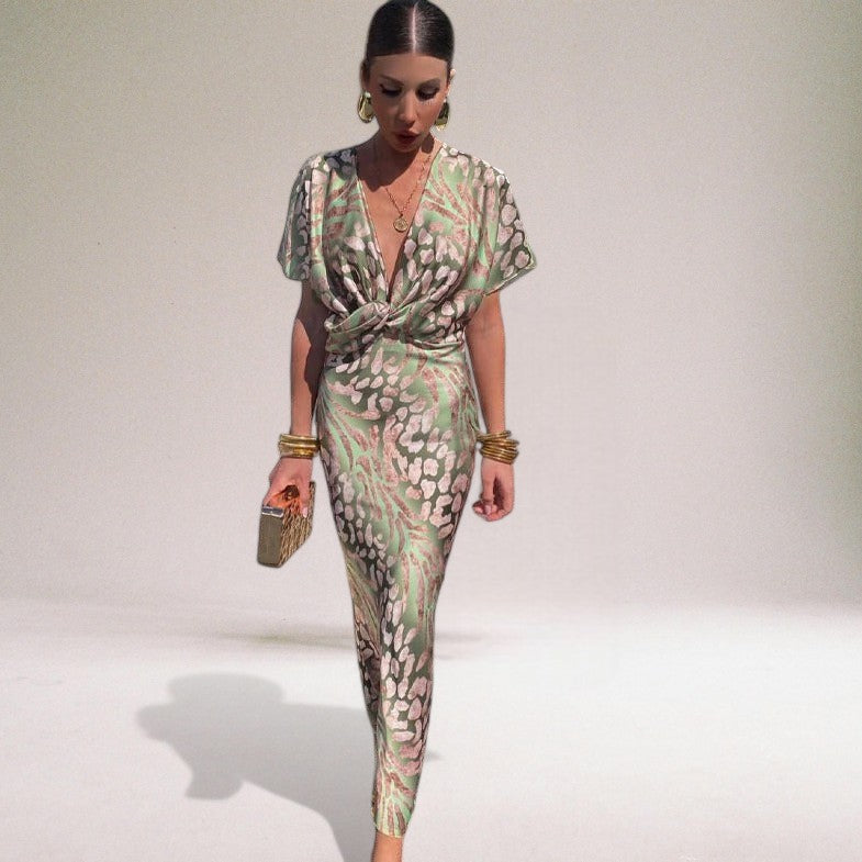 Women's Twist-Knot V-Neck Batwing Wedding Guest Maxi Dress