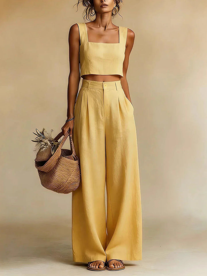 Women's Summer Square Neck Crop Top Palazzo Trousers Set