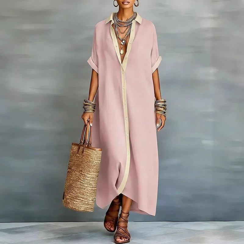 Women's Linen Blend Button-Down Collared Maxi Shirt Dress