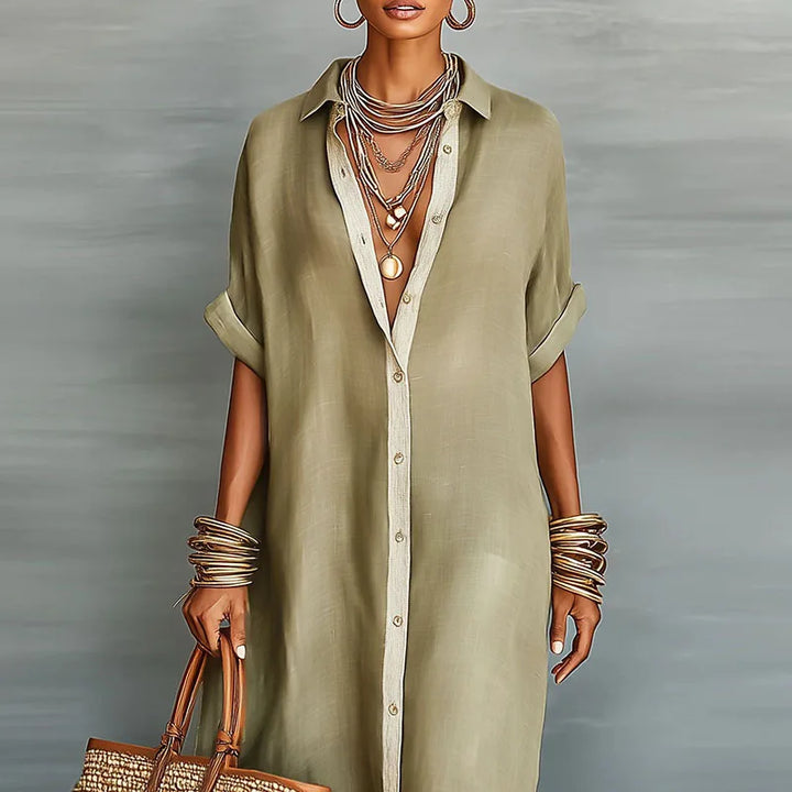 Women's Linen Blend Button-Down Collared Maxi Shirt Dress