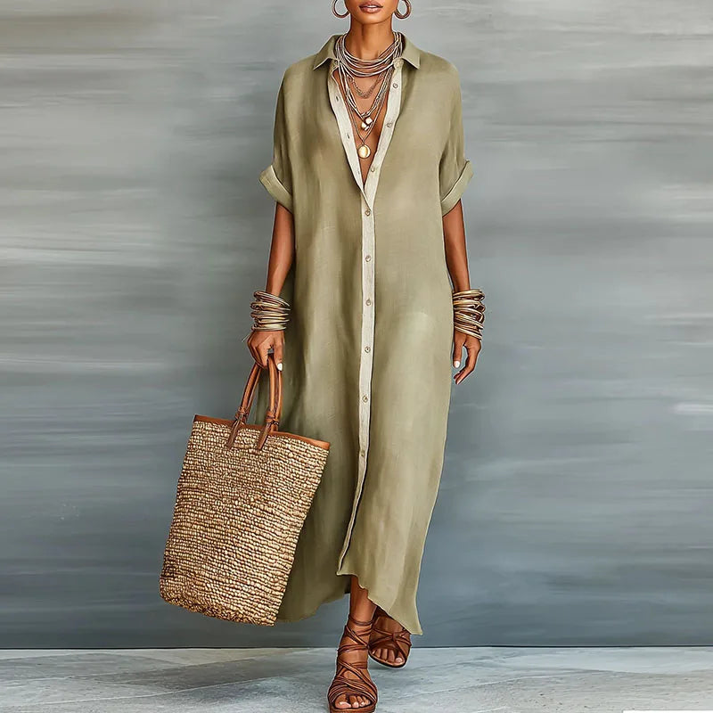 Women's Linen Blend Button-Down Collared Maxi Shirt Dress