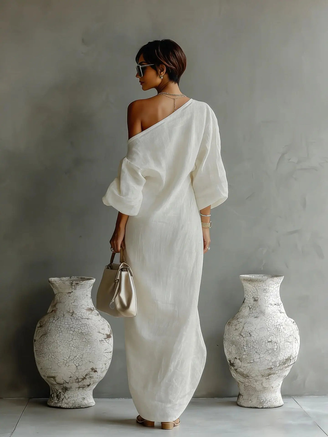 Women's One Shoulder Linen Maxi Dress Batwing Sleeve