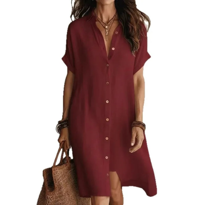 Women's Button-Down Short Sleeve Collared Midi Shirt Dress