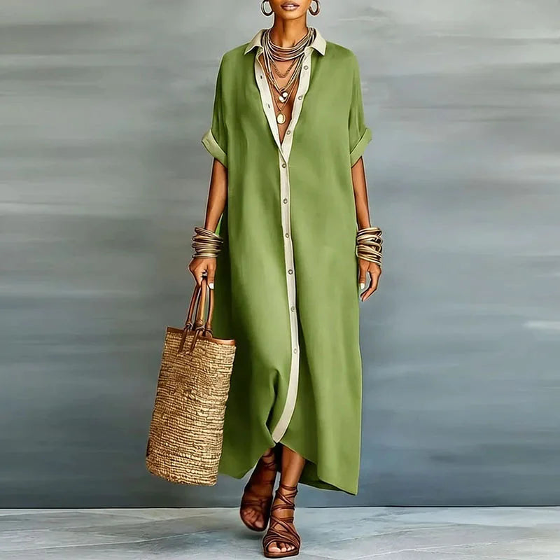 Women's Linen Blend Button-Down Collared Maxi Shirt Dress