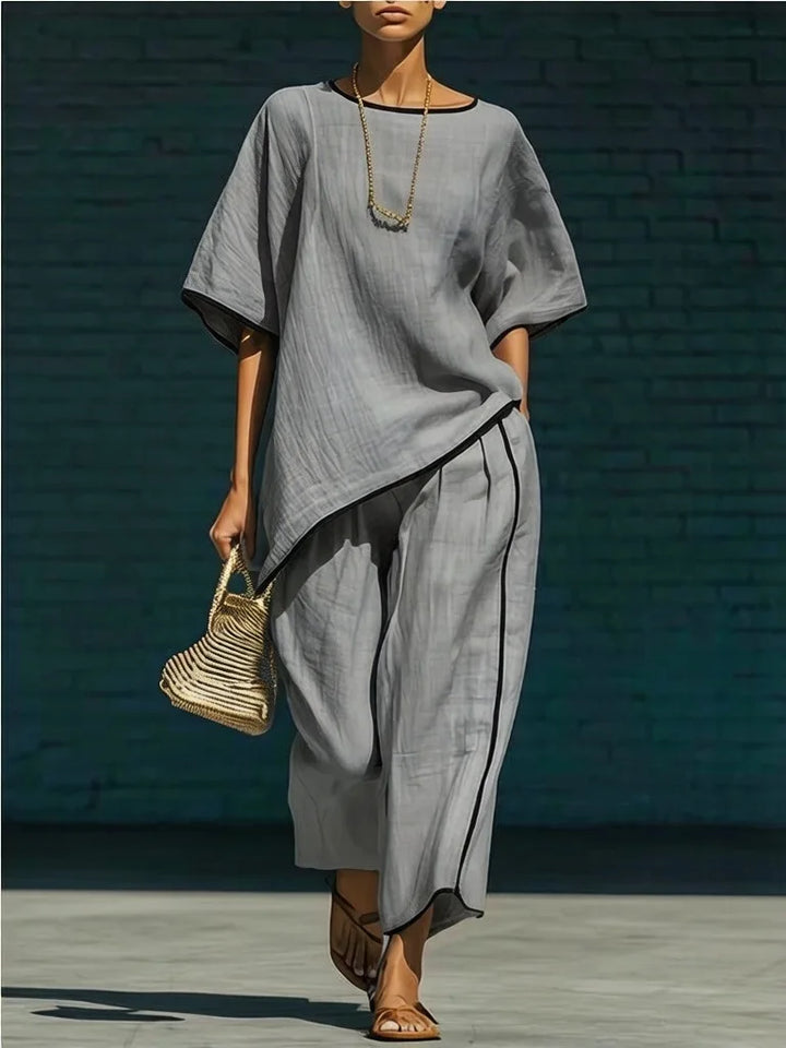 Women's Linen Two Piece Set Short Sleeve Top Wide Leg Trousers
