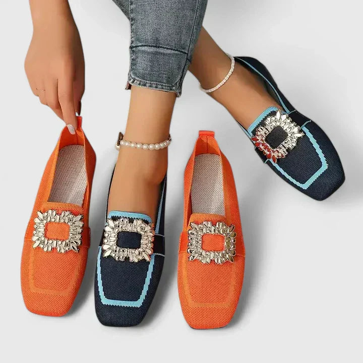 Women's Orthopedic Knit Loafers Square Toe Crystal Buckle