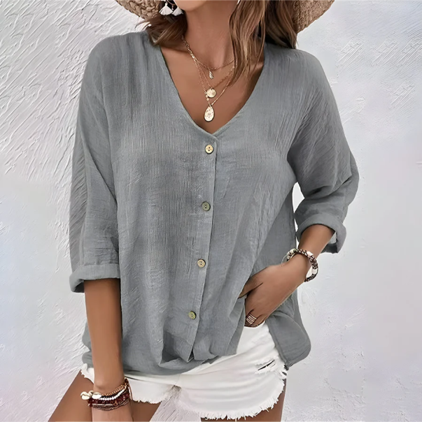 Women's V-Neck Button-Front Roll-Up Sleeve Relaxed Blouse