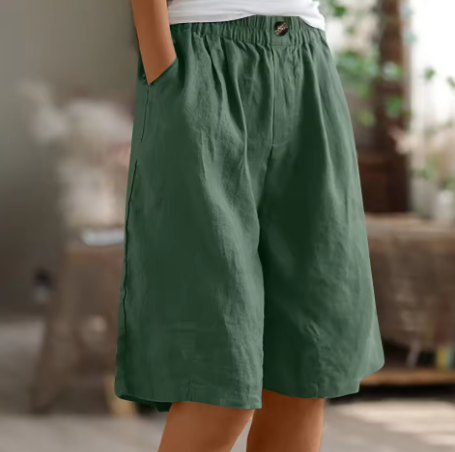 Women's Linen Blend Elastic Waist Wide-Leg Bermuda Shorts