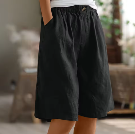 Women's Linen Blend Elastic Waist Wide-Leg Bermuda Shorts