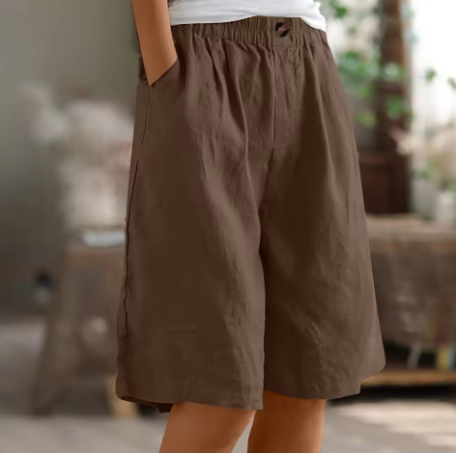 Women's Linen Blend Elastic Waist Wide-Leg Bermuda Shorts