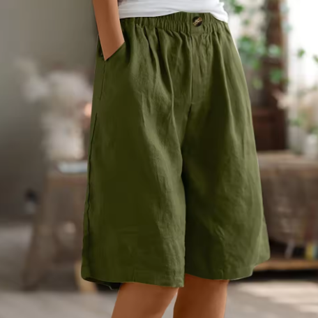 Women's Linen Blend Elastic Waist Wide-Leg Bermuda Shorts