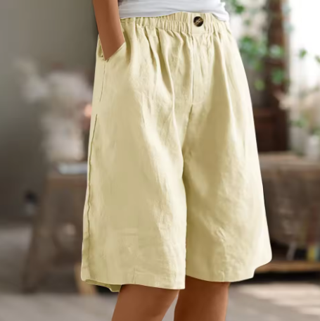 Women's Linen Blend Elastic Waist Wide-Leg Bermuda Shorts