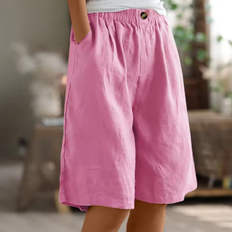 Women's Linen Blend Elastic Waist Wide-Leg Bermuda Shorts