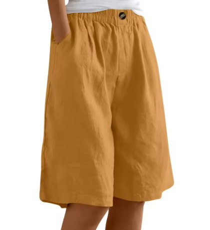 Women's Linen Blend Elastic Waist Wide-Leg Bermuda Shorts