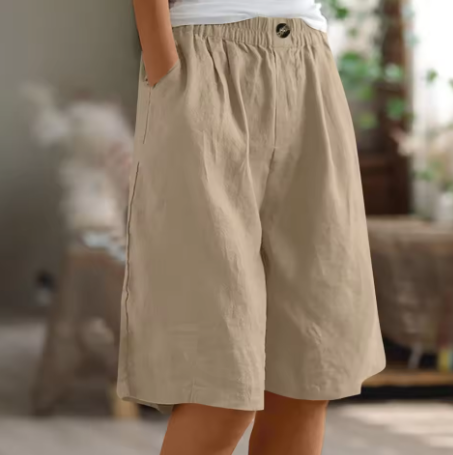 Women's Linen Blend Elastic Waist Wide-Leg Bermuda Shorts