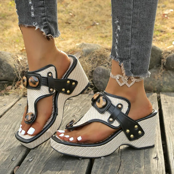 Women's Thong Toe Woven Wedge Platform Sandals Buckle Detail