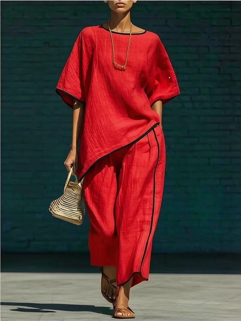 Women's Linen Two Piece Set Short Sleeve Top Wide Leg Trousers