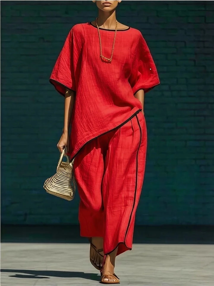 Women's Linen Two Piece Set Short Sleeve Top Wide Leg Trousers
