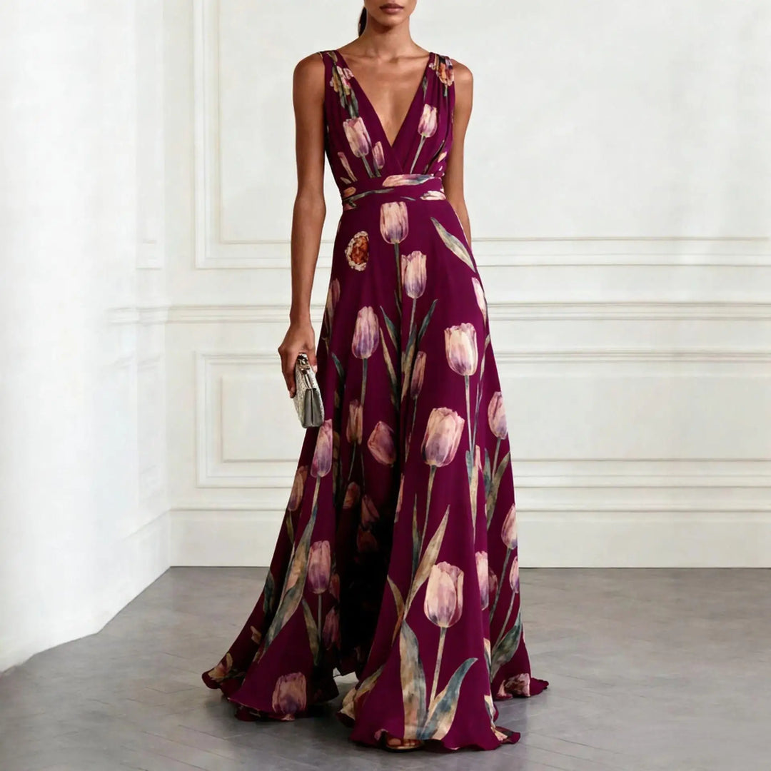 Women's Tulip Print Wedding Guest Maxi Dress with V-Neck and Brooch Detail