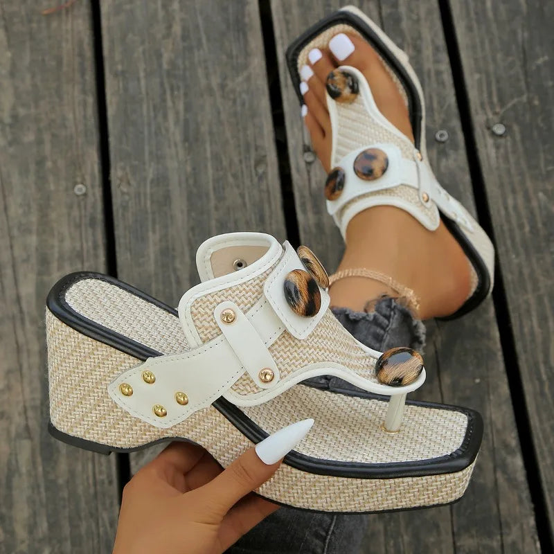 Women's Thong Toe Woven Wedge Platform Sandals Buckle Detail